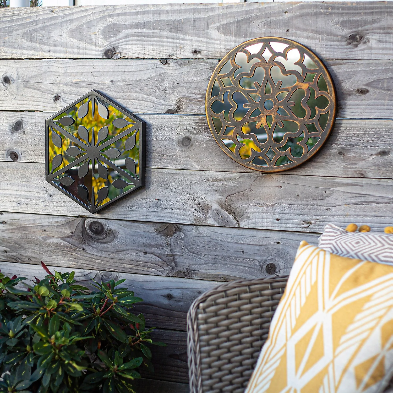 Hexagonal Laser Cut Outdoor Mirror 35cm - Black - Image 6