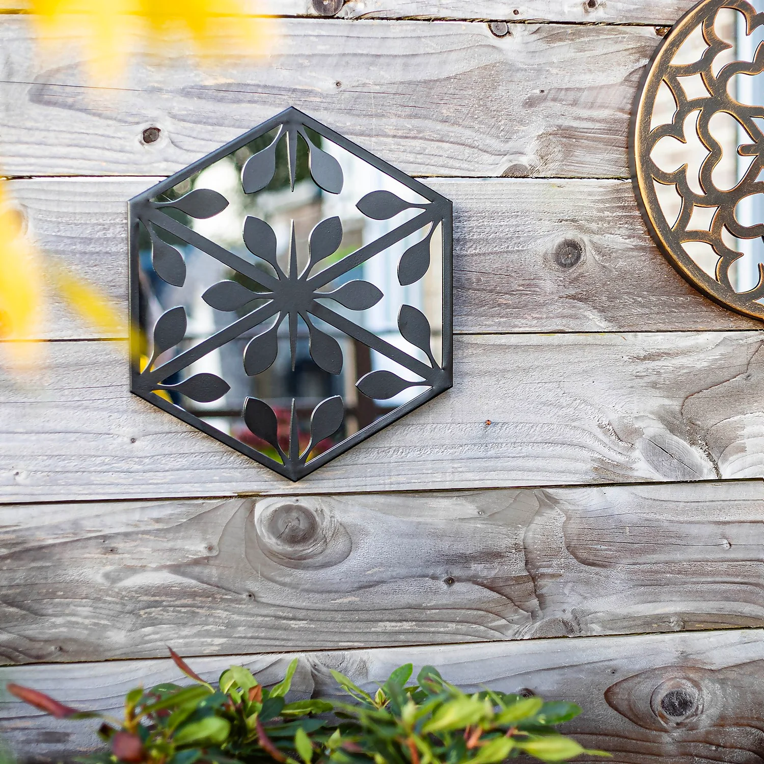 Hexagonal Laser Cut Outdoor Mirror 35cm - Black - Image 4