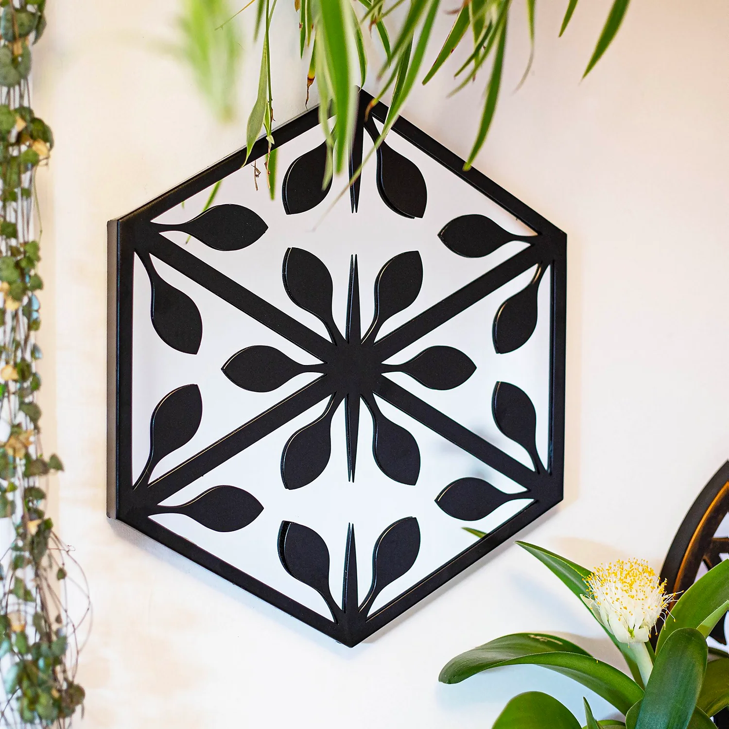 Hexagonal Laser Cut Outdoor Mirror 35cm - Black - Image 3