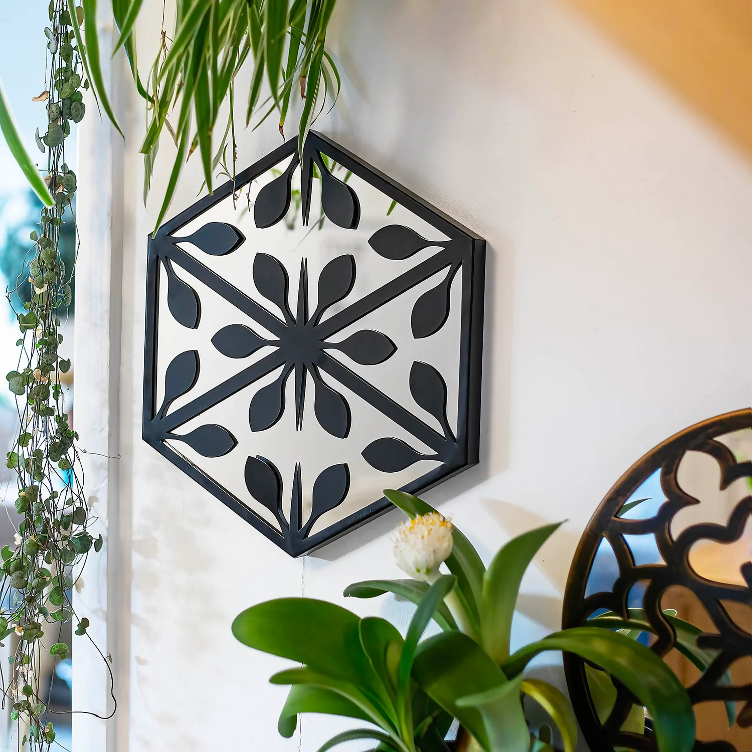 Hexagonal Laser Cut Outdoor Mirror 35cm - Black - Image 2